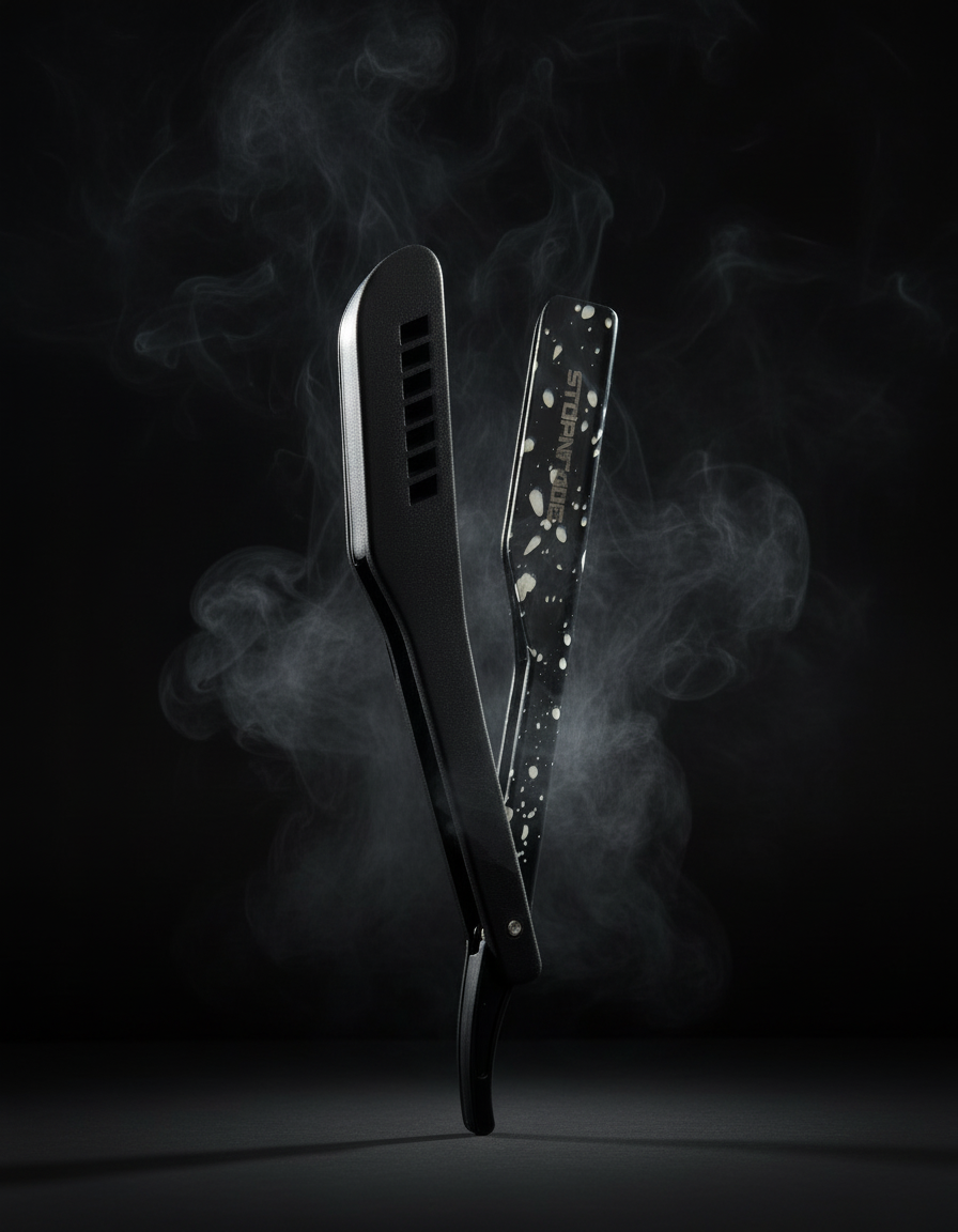 Hair cut tool blade holder with a dark background and smoke effect