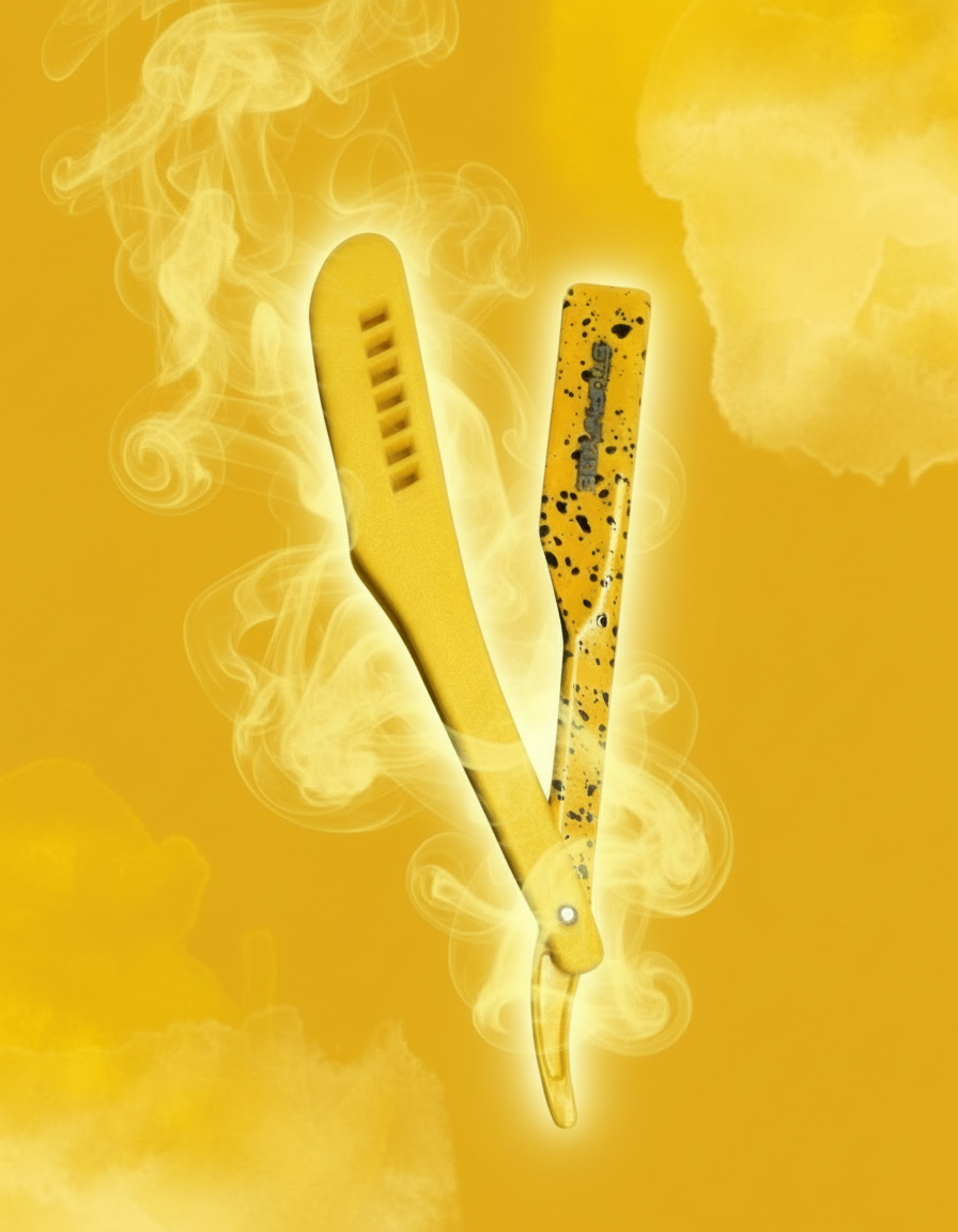 Yellow straight razor with black speckles on a yellow background